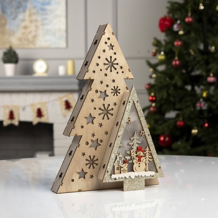 Светодиодная фигура «Звёздная ель со снеговиком» 20 × 30 × 6.5 см, дерево, батарейки АААх2 (не в комплекте), свечение тёплое белое Светодиодная фигура «Звёздная ель со снеговиком» 20 × 30 × 6.5 см, дерево, батарейки АААх2 (не в комплекте), свечение тёплое белое