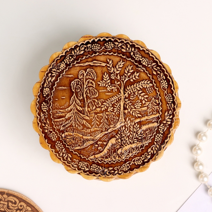 Шкатулка  Шкатулка "Пейзаж с деревом", 100 х 40 мм, береста