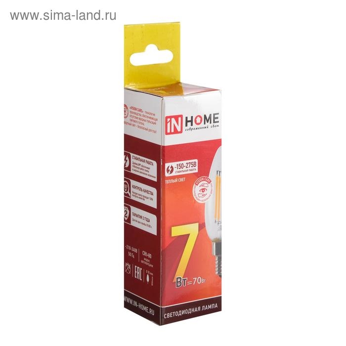 Лампа светодиодная IN HOME, Е14, С37, 7 Вт, 630 Лм, 3000 К, теплый белый, прозрачная Лампа светодиодная IN HOME, Е14, С37, 7 Вт, 630 Лм, 3000 К, теплый белый, прозрачная