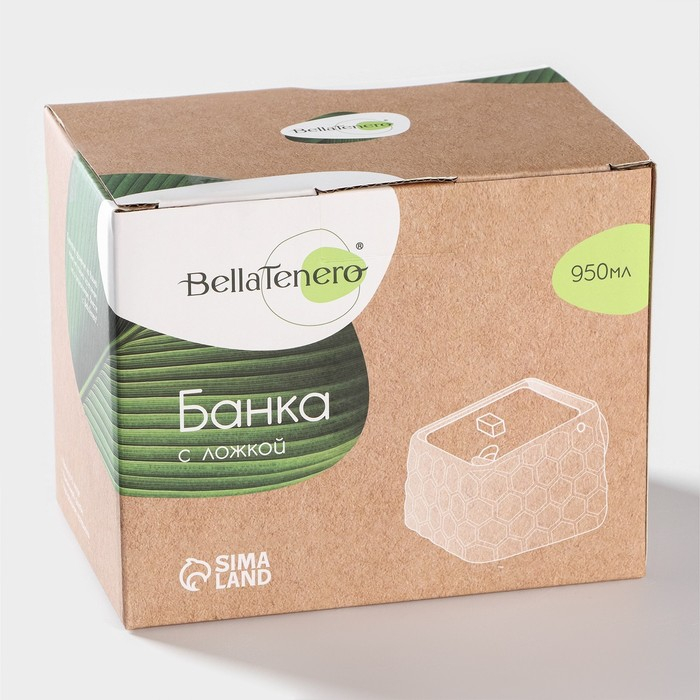 Банка для хранения сыпучих продуктов с ложкой BellaTenero, 750 мл, 14,5×11 см, с бамбуковой крышкой, фарфоровые, цвет белый