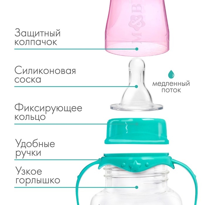 Бутылочка для кормления «Волшебная пони», кдассическое горло, с ручками, 150 мл, от 0 мес., цвет бирюзовый