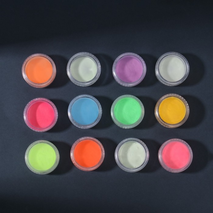 Пигмент для ногтей, светящийся в темноте, набор 12 баночек, 3 гр, разноцветный