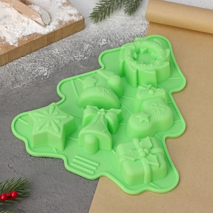 Форма для выпечки новогодняя Доляна &laquo;Новый год. Ёлка&raquo;, силикон, 24,5&times;21&times;3 см, 6 ячеек, цвет зелёный