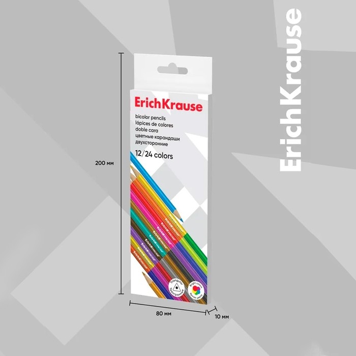 Карандаши 24 цвета 12 штук, ErichKrause, двусторонние, дерево, трехгранные, 3,0 мм грифель, картонная упаковка, европодвес Карандаши 24 цвета 12 штук, ErichKrause, двусторонние, дерево, трехгранные, 3,0 мм грифель, картонная упаковка, европодвес