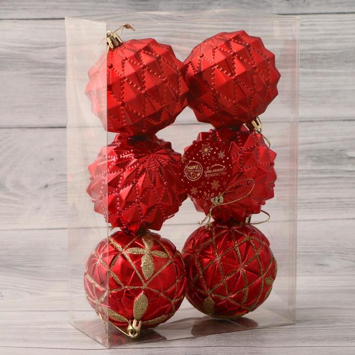 Набор шаров пластик d-8 см, 6 шт Набор шаров пластик d-8 см, 6 шт "Беата сеточка блеск" золотисто-красный