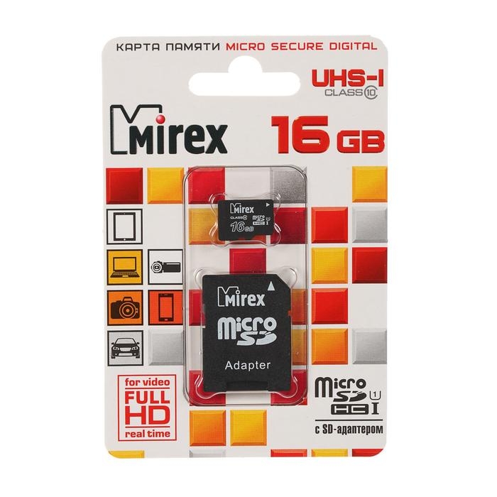 Карта памяти Mirex microSD, 16 Гб, SDHC, UHS-I, класс 10, с адаптером SD Карта памяти Mirex microSD, 16 Гб, SDHC, UHS-I, класс 10, с адаптером SD