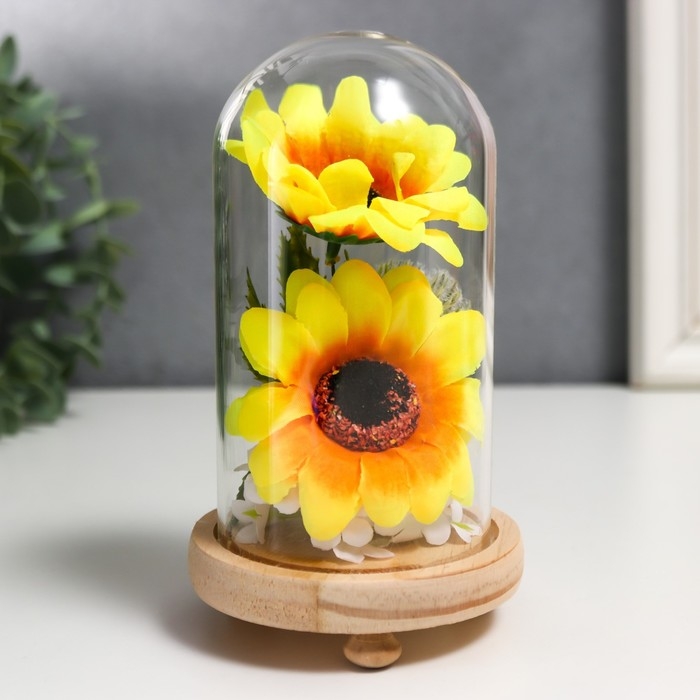 Сувенир текстиль, дерево, стекло  Сувенир текстиль, дерево, стекло "Подсолнухи в колбе" 14,5х8,5х8,5 см