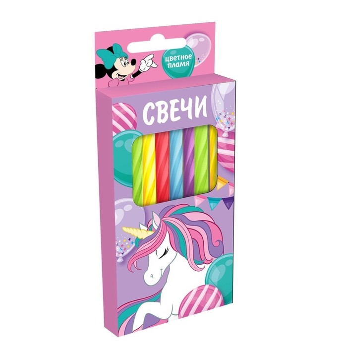 Набор свечей в торт 6 штук, с цветным пламенем, Минни и Единорог Набор свечей в торт 6 штук, с цветным пламенем, Минни и Единорог