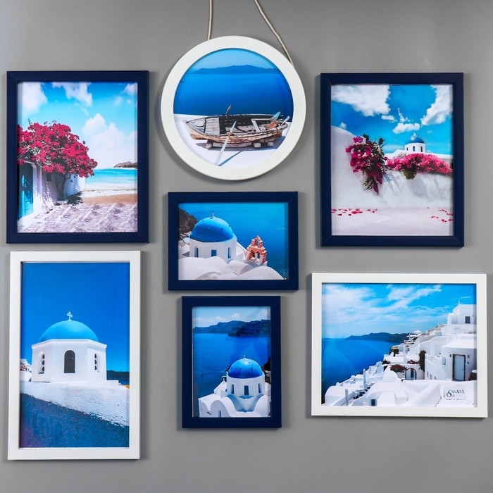 Фоторамка пластик на 7 фото+надпись+полочка  Фоторамка пластик на 7 фото+надпись+полочка "Family. Птицы" сине-белые набор 86х186 см