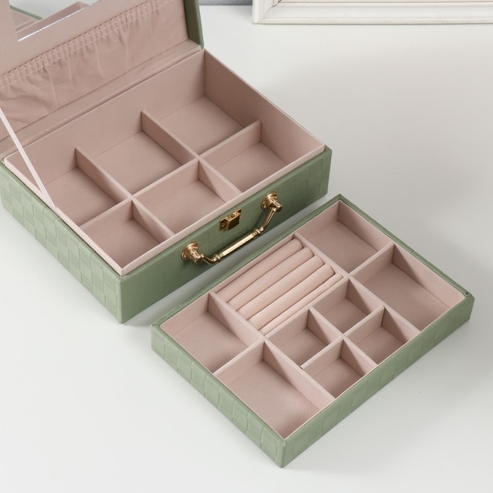 Шкатулка кожзам для украшений  Шкатулка кожзам для украшений "Кейс. Шахматка" зелёная 17,5х24х9 см