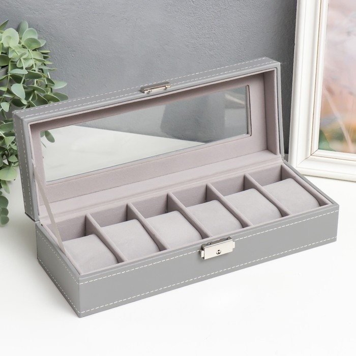 Шкатулка кожзам под часы 6 отделений  Шкатулка кожзам под часы 6 отделений "Серая с белой строчкой" 8х30х11 см