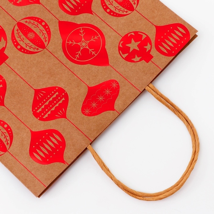 Пакет крафт с тиснением, круглая ручка, Пакет крафт с тиснением, круглая ручка, "Ёлочные игрушки" 33 х 25 х 12 см, 120 г