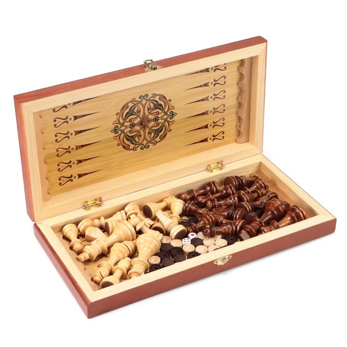 Настольные игры 3 в 1 "Гжель": шахматы, шашки, нарды, деревянные, большие, 40 х 40 см