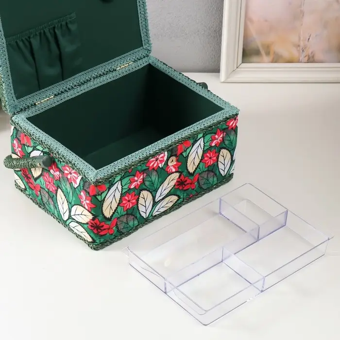 Шкатулка для рукоделия и шитья &laquo;Пуансеттия на зелёном&raquo;, хранение ниток, иголок, мелочи, 19&times;26&times;14.5 см
