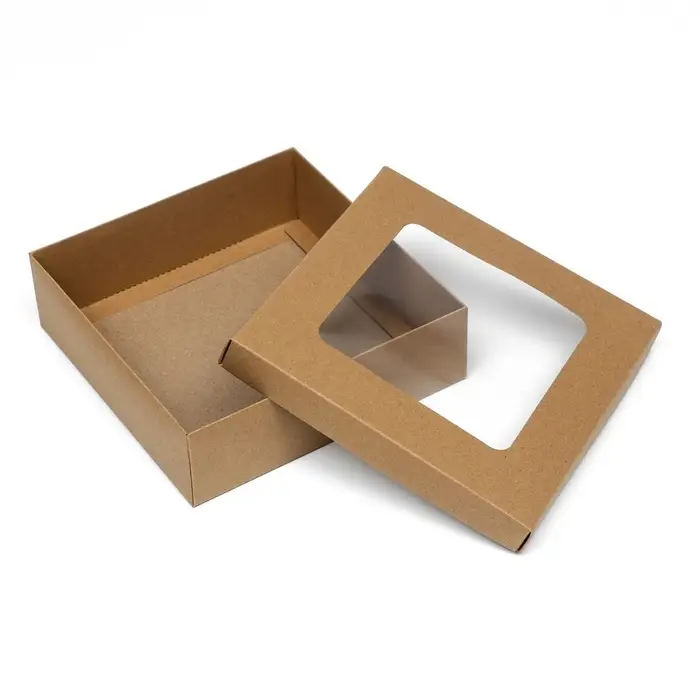 Коробка подарочная складная, упаковка, крышка - дно, с окном, крафт, 20&times;20&times;6 см