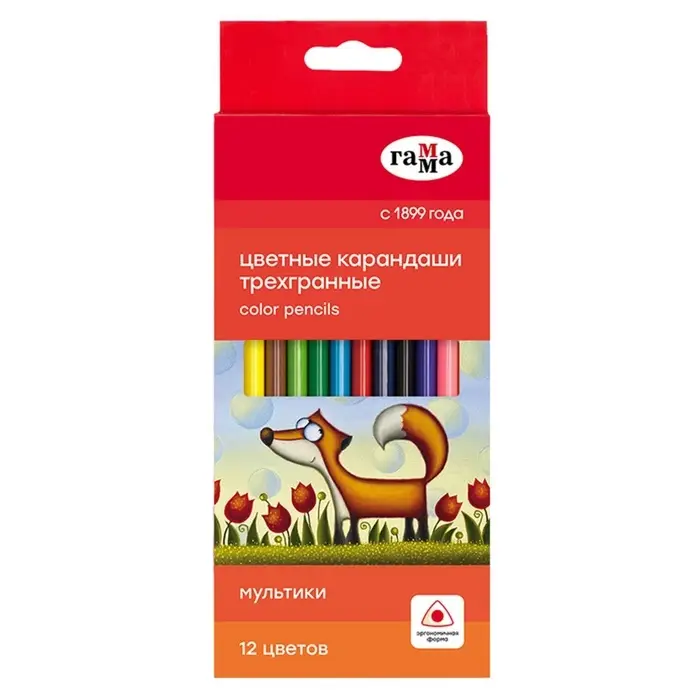 Карандаши цветные 12 цветов &laquo;Гамма. Мультики&raquo;, трёхгранные, заточенные, картонная упаковка, (290122_12)