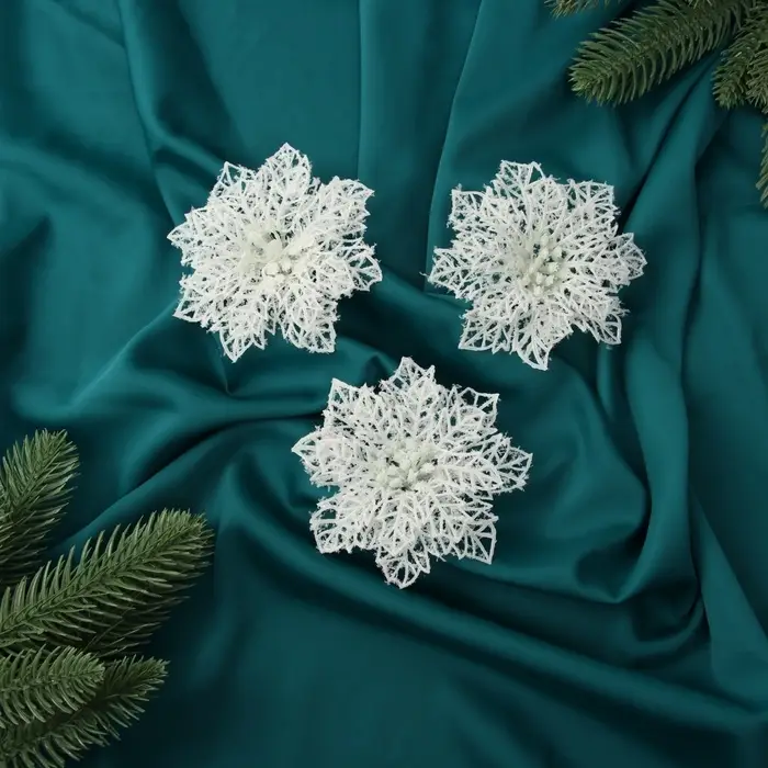 Набор ёлочных игрушек 3 шт. «Зимнее волшебство. Цветы заснеженные» пластик, ажурные, 10 см, белый