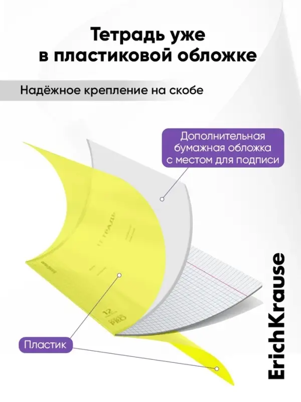 Тетрадь 12 листов в клетку, ErichKrause &laquo;Классика&raquo; CoverPrо Neon, пластиковая обложка, жёлтая