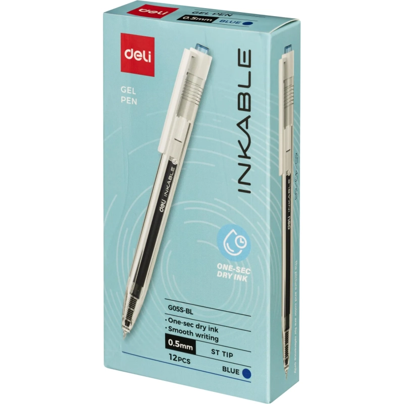Ручка гелевая автомат. Deli INKABLE EG05S-BL,гибр.нак0,5,син быстросх,прозр