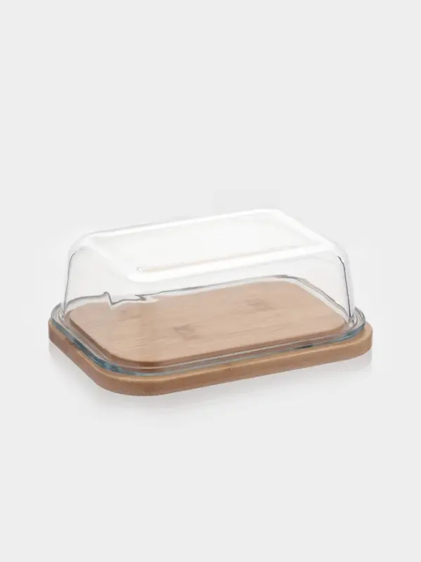 Маслёнка, 17.4&times;13&times;6.5 см, с бамбуковой крышкой-подставкой и ножом, стекло, прозрачная