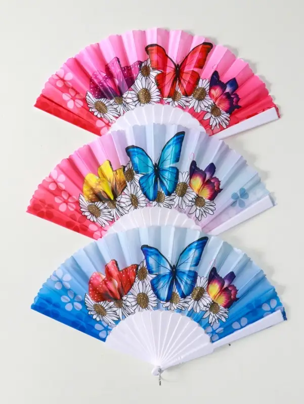 Веер пластик, текстиль Веер пластик, текстиль "Ромашки и бабочки" МИКС широкие лопасти 23 см