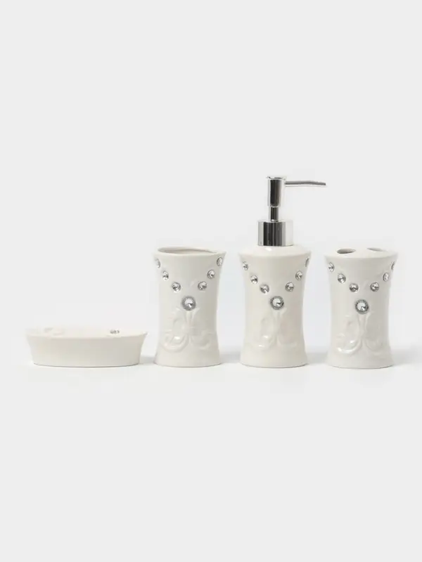 Аксессуары для ванной Доляна &laquo;Стразы. Капельки&raquo;, 4 предмета, дозатор 200 мл, мыльница, 2 стакана, белые
