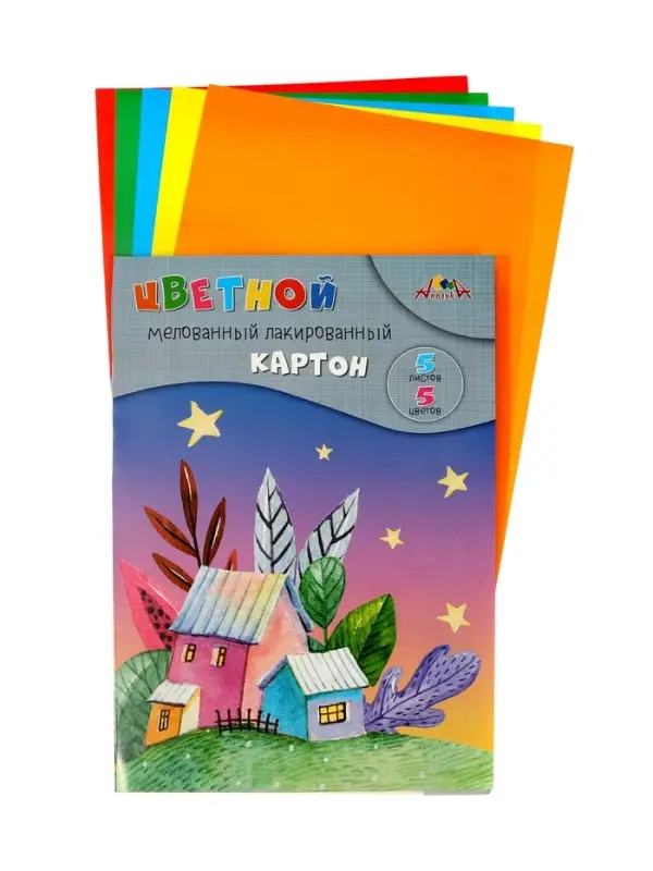 Картон цветной &laquo;Сказочные домики&raquo; А4, 5 листов, 5 цветов, 200 г/м&sup2;, 1-сторонняя, лакированный, мелованный, в папке