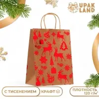 Пакет крафт с тиснением, круглая ручка, «Лес» 21×27×11 см, 120 г