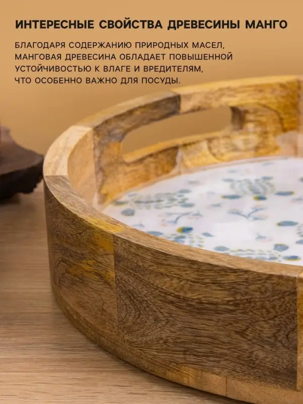 Поднос круглый с бортиками &laquo;Черепаха и цветы&raquo;, 35&times;35&times;6.5 см, дерево манго