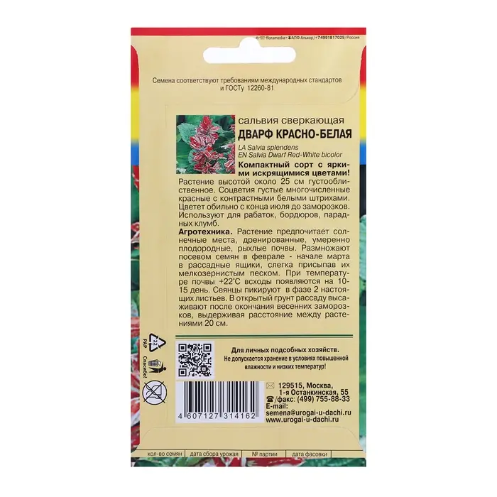 Семена цветов Сальвия  Семена цветов Сальвия "Дварф", Красно-белая, 0,03 г