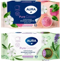 Салфетки влажные AURA освежающие для всей семьи 63шт.