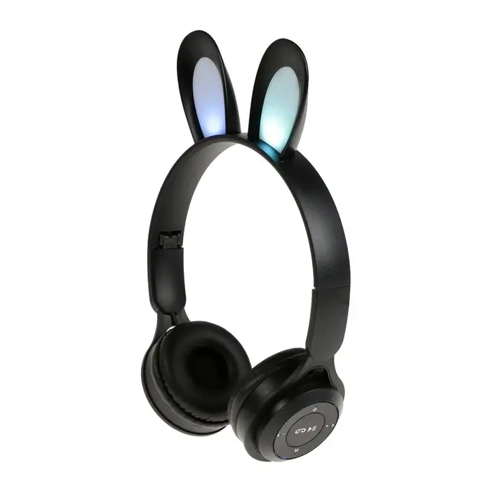 Наушники детские, беспроводные, накладные, с ушками зайца, Y08R, Bluetooth 5.1, с микрофоном, с подсветкой, 400 мАч, чёрные
