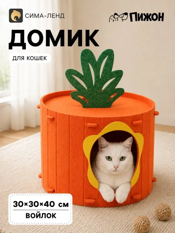 Домик для кошек &laquo;Морковка&raquo;, 40&times;30 см, раскладной, войлок, оранжевый