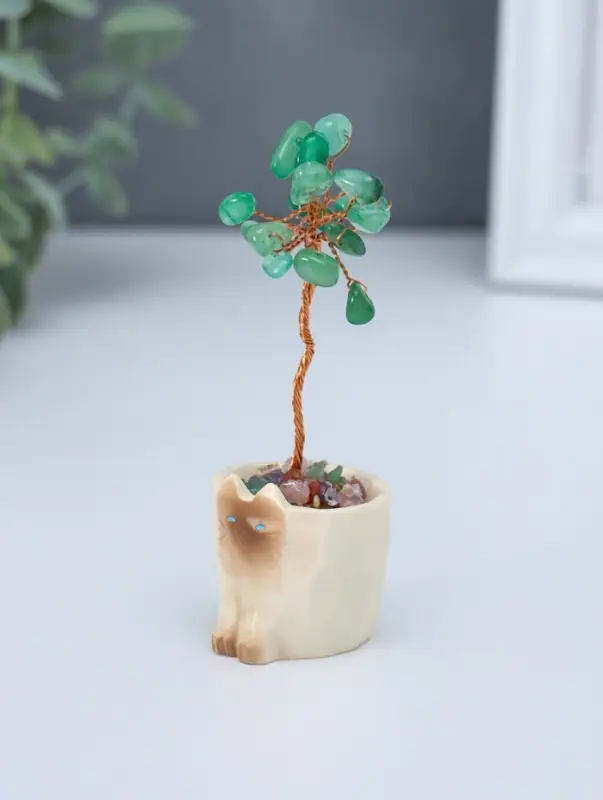 Сувенир "Котик-горшок и зелёное дерево" 12 камней 3,3х3,4х8,8 см