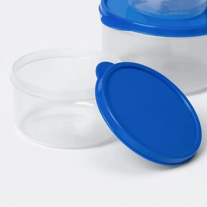 Набор контейнеров пищевых круглых Доляна, 3 шт: 150 мл, 300 мл, 500 мл, прозрачные, крышка синяя Набор контейнеров пищевых круглых Доляна, 3 шт: 150 мл, 300 мл, 500 мл, прозрачные, крышка синяя