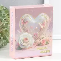 Фотоальбом на 40 фото 10х15 см "Сердце и белая роза с бабочками" в коробке 4,5х14х17 см