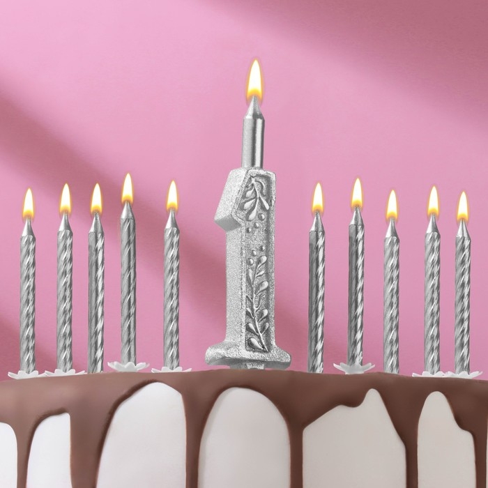 Набор свечей Цифра 1 + классические, серебро, 10 см Набор свечей Цифра 1 + классические, серебро, 10 см