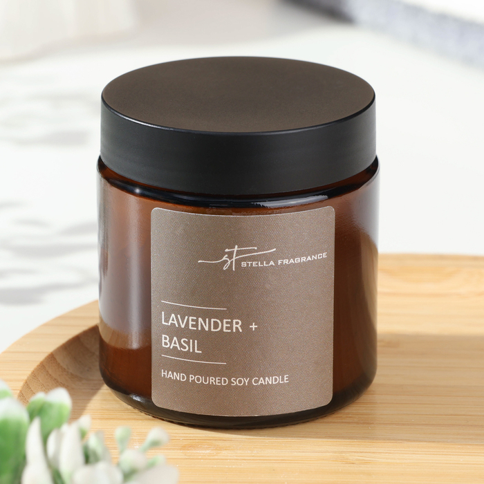 Свеча ароматическая в банке  Свеча ароматическая в банке "LAVENDER BASIL", соевый воск, 90 г, лаванда и базилик