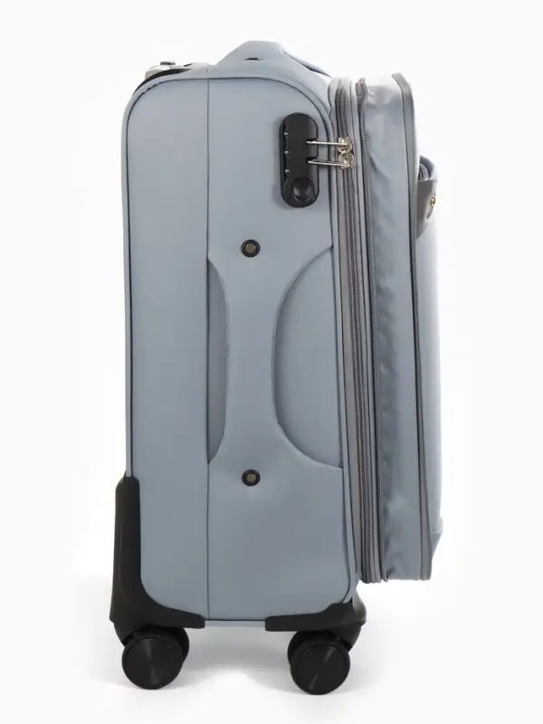 Чемодан 20",Текст,36*25*58,отд на молнии,1 нар/карм, увелич,код замок,4 колеса, т.серый