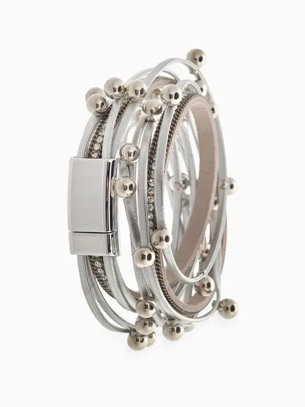 Браслет кожаный на магните &laquo;Бусинки&raquo;, L=38 см, белый, серебристый