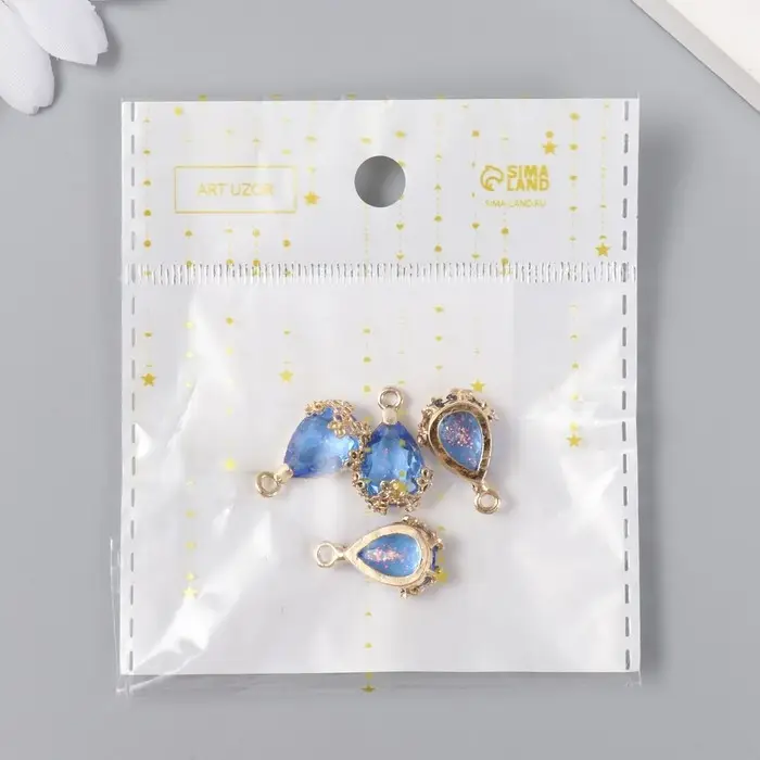 Декор для творчества пластик  Декор для творчества пластик "Капля с золотыми цветочками" синий кристалл 2х1,2 см
