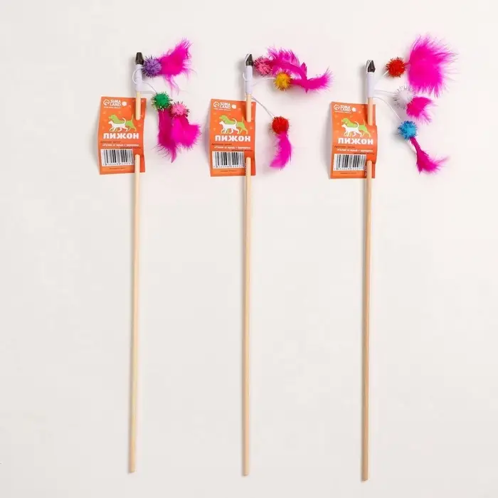 Дразнилка - удочка &laquo;Салют из перьев с шариками&raquo;, на деревянной палочке, цвет МИКС