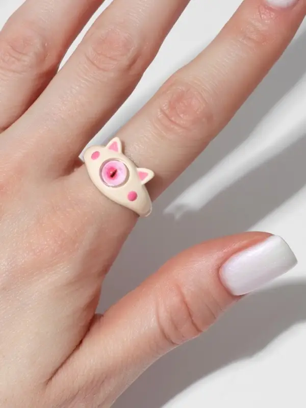 Кольцо &laquo;Монстрик&raquo;, кот, розовое, безразмерное