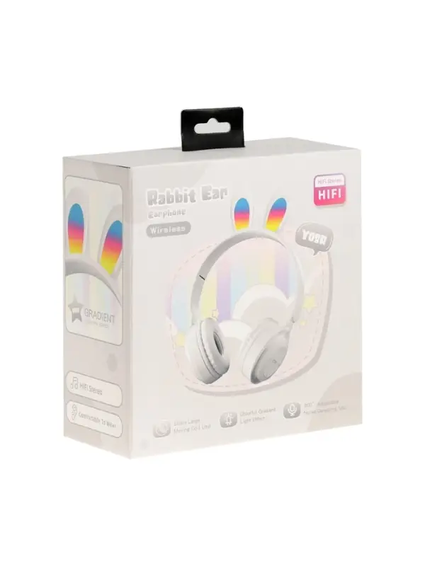 Наушники детские, беспроводные, накладные, с ушками зайца, Y08R, Bluetooth 5.1, с микрофоном, с подсветкой, 400 мАч, белые