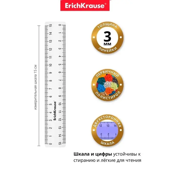 Линейка 15 см ErichKrause Линейка 15 см ErichKrause "Clear", пластик, двусторонняя шкала, прозрачная, европодвес