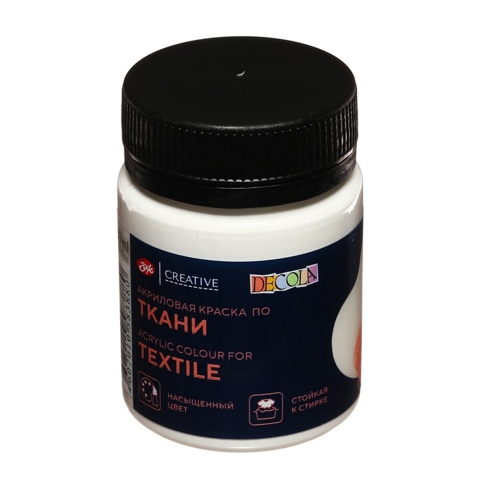 Краска по ткани, банка 50 мл, ЗХК Decola, Белая 4128104, (акриловая на водной основе) Краска по ткани, банка 50 мл, ЗХК Decola, Белая 4128104, (акриловая на водной основе)