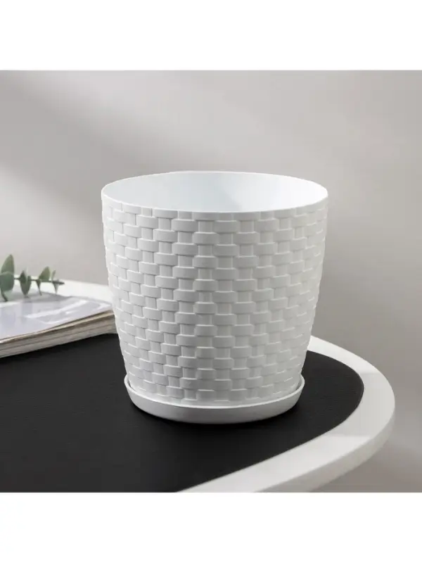 Горшок для цветов с поддоном &laquo;Ротанг&raquo;, 1.2 л, d=13 см, h=12 см, пластиковый, белый