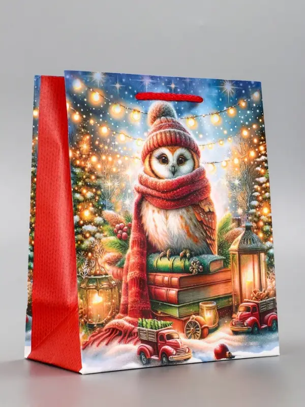 Пакет подарочный новогодний ламинированный, «Сова» , 18×10×22.3 см