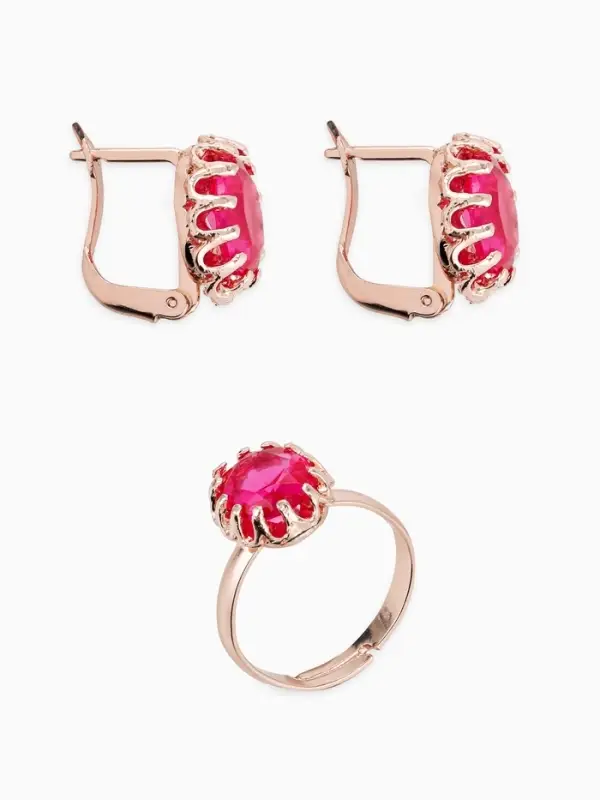 Гарнитур 3 предмета: серьги, кулон, кольцо безразмерное &laquo;Эдель&raquo;, овал, ярко-розовые в золоте, 45 см