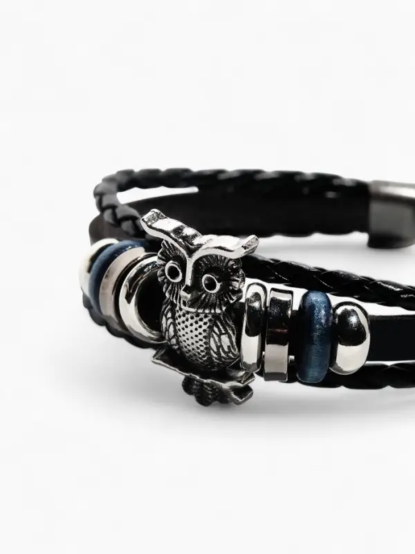 Браслет кожа &laquo;Совушка&raquo;, чёрный в серебре, L=20 см